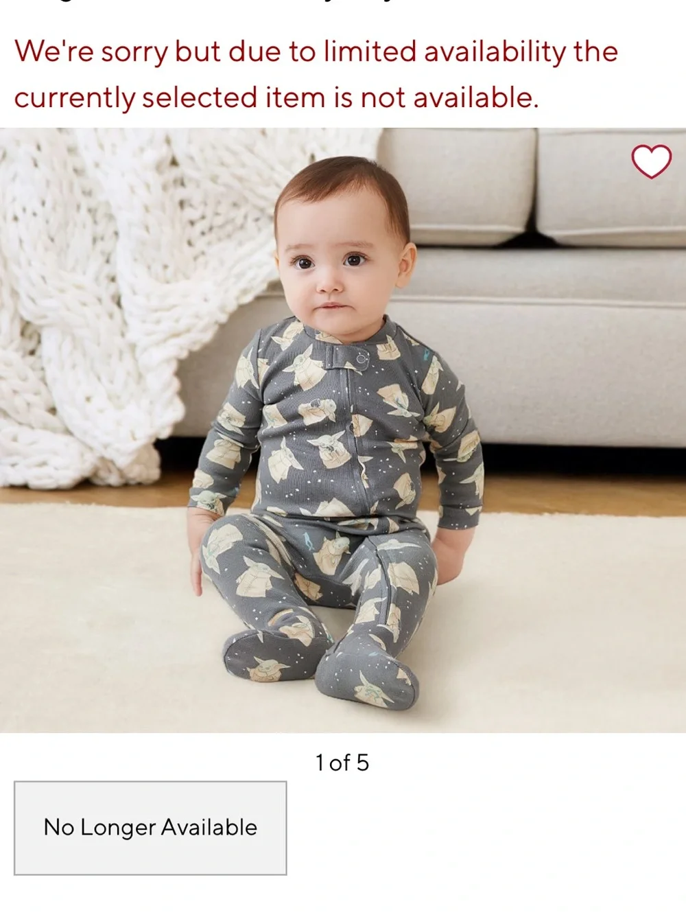 Pottery Barn Kids Gray Grogu Star Wars Organic Cotton Zip Footed Pajamas